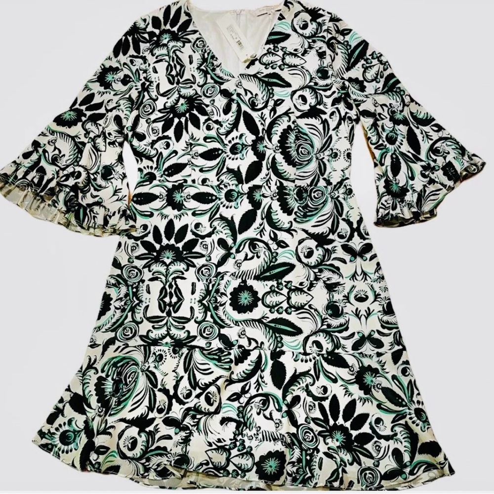 Kobi Halperin Scottie Dress Womens L White Turquoise Black Scroll Travel
